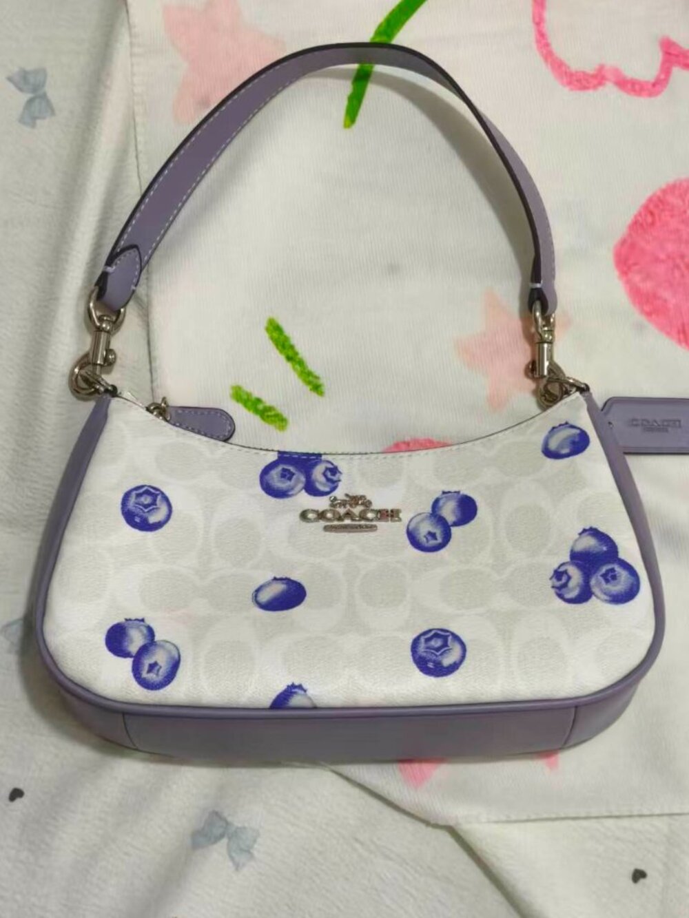 New Coach Blueberry Print Signature Hobo Bag White & Purple Shoulder Purse